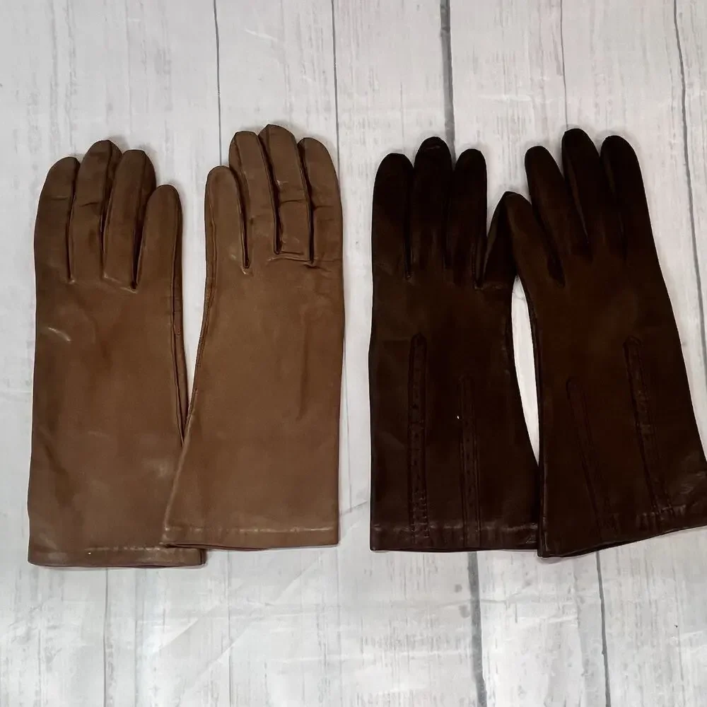 Set of 2 Women's Brown Italian Leather Vintage Gloves size 7.5 Driving Dinner